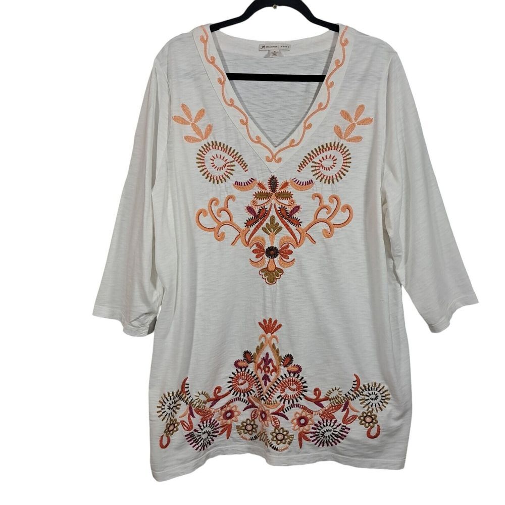 JM Collection Top Women 3X Plus White 3/4 Sleeve Embroidered Slub Cotton Boho